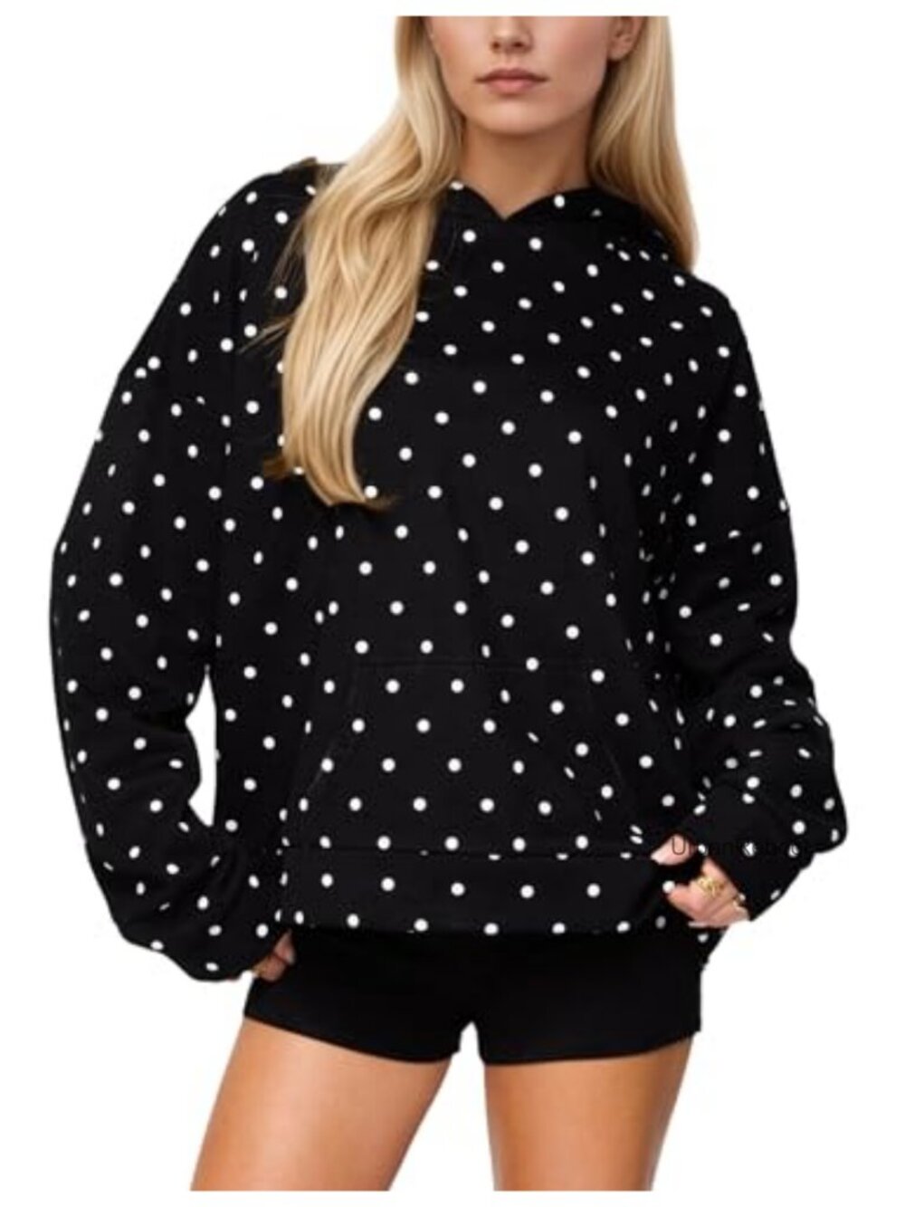 Oversized Polka Dot Fleece Hoodie Drop Shoulder Sweatshirt with Pocket